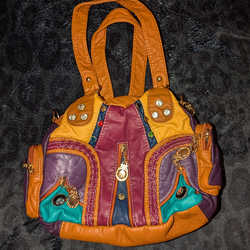 Eclectic Orange and Purple Patchwork Shoulder Bag